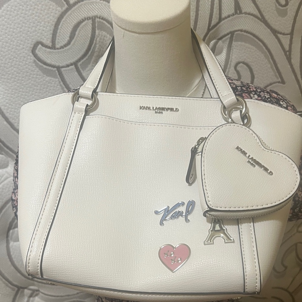 Karl Lagerfeld White Shoulder Bag with Heart Charm